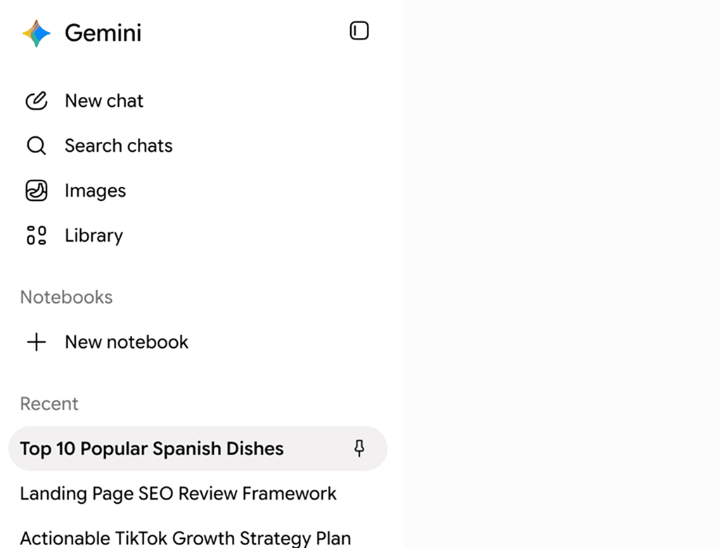 Keine Gemini Ordner in der nativen Sidebar: eine Notebooks-Sektion, ein angepinnter Chat und die Verlaufsliste, aber nichts, das deine Unterhaltungen gruppiert