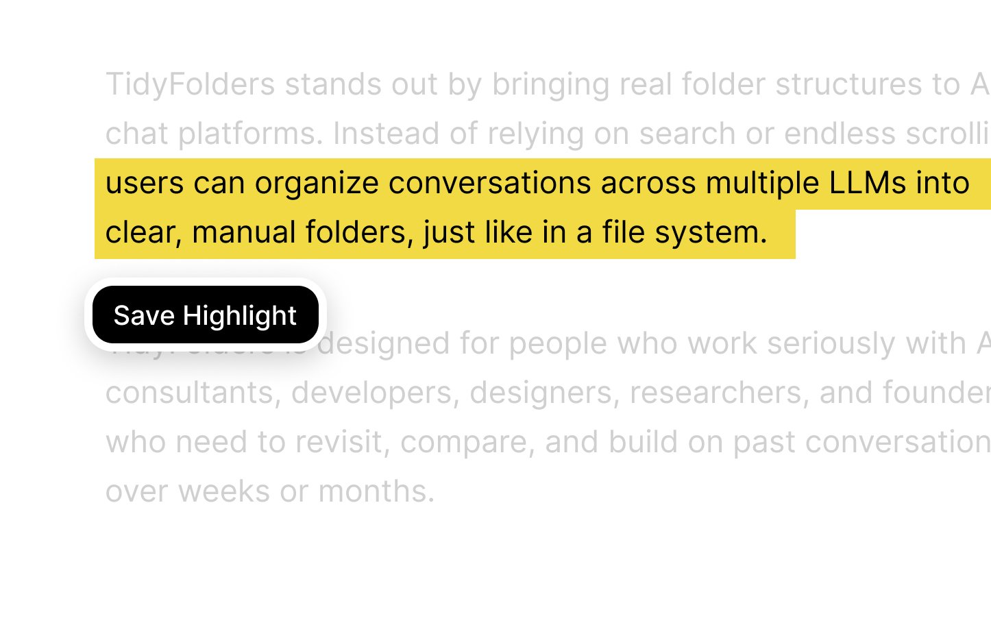 Text-Highlighting in Tidy, der Erweiterung für Gemini Ordner: die entscheidende Passage einer Antwort gelb markiert, darunter der Save-Highlight-Button